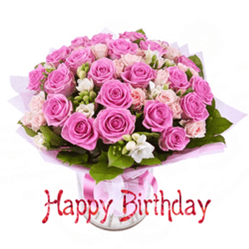 Happy Birthday pink roses  Happy birthday flower, Birthday wishes