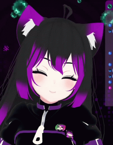 Black and Purple Anime Girl with White Cat Ear