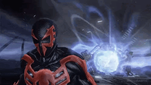 Black And Red Spiderman With Blue Light In Video Game GIF