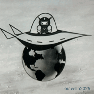 Black and White Alien Flying Over Globe 2025