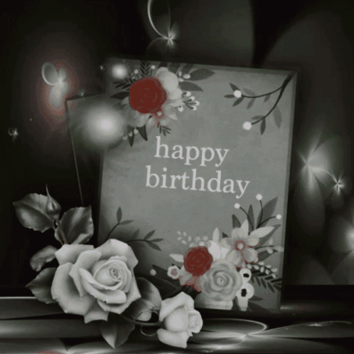 Black and White Birthday Card with Red Roses and Happy Birthday