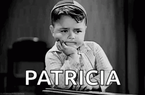 Black and White Boy Hand on Chin Saying Patricia