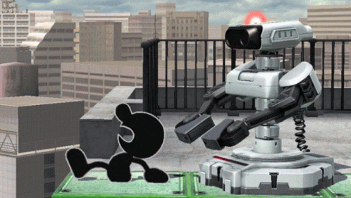 Black and White Cartoon Character Beside Robot