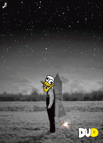 Black and White Cartoon Character Holding Rocket With Dub