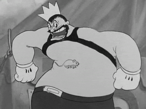 Black and White Cartoon Character With Crown and Mouse on Belly