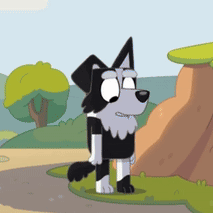 Black and White Cartoon Dog on Grassy Hillside