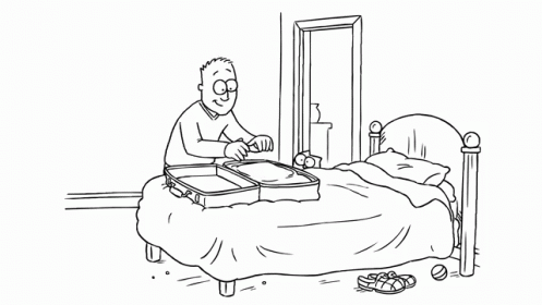 Black and White Cartoon Man Packing Suitcase
