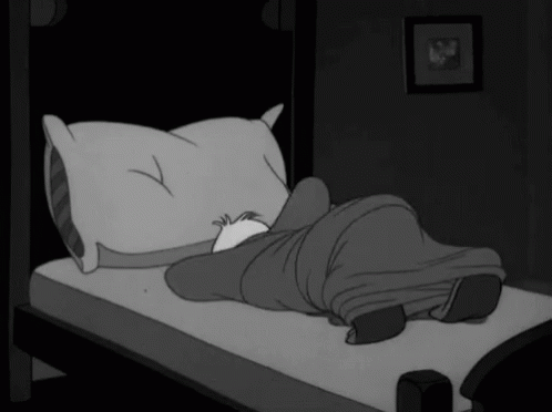 Black And White Cartoon Person Laying On Bed With Pillow And Blanket GIF