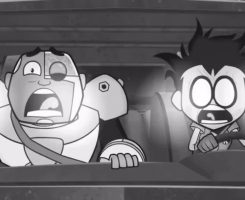 Black and White Cartoon Robot and Boy With 00 On Faces