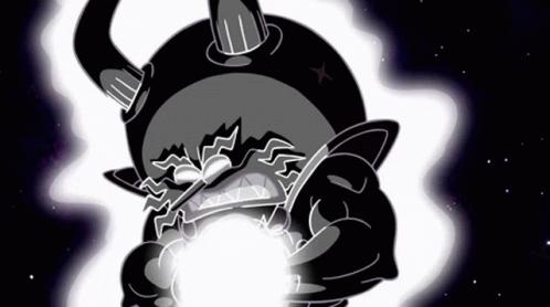 Black And White Cartoon With Horns Holding Lightning Bolt GIF