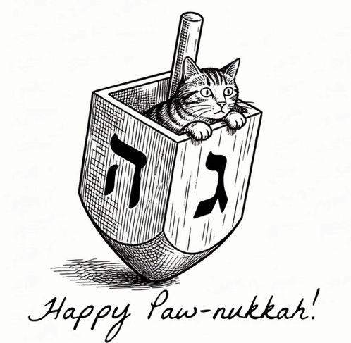 Black and White Cat in Wooden Top Saying Happy Paw-nukkah