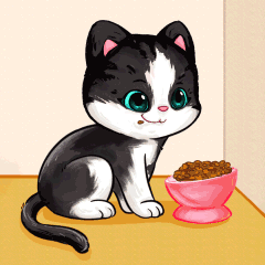 Black and White Cat Sitting Next to Bowl of Cat Food
