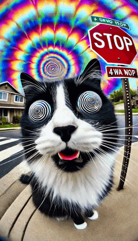 Black And White Cat With Stop Sign GIF