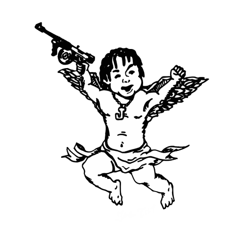 Black and White Cherub Holding Gun