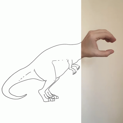 Black And White Dinosaur With Hand Reaching Out GIF