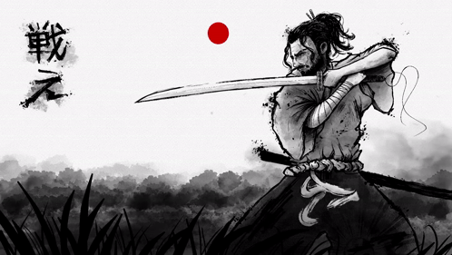 Black and White Drawing Man Holding Sword Red Dot