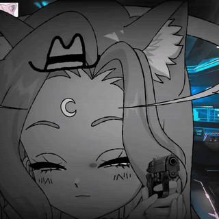 Black and White Drawing of Cat Girl Holding Gun With C on Forehead