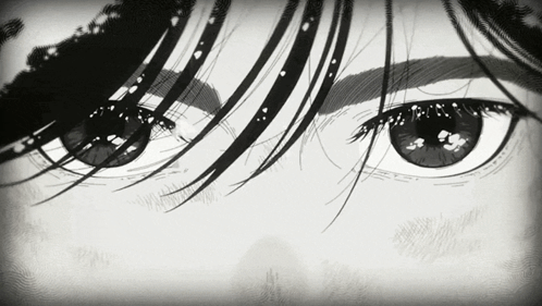 Black and White Drawing of Eyes and Hair