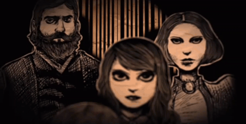 Black and White Drawing of Family With Bearded Man and Three Girls