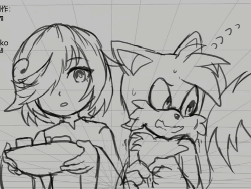 Black and White Drawing of Girl and Cat With Chinese Writing