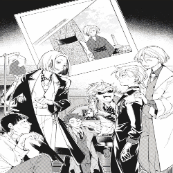Black And White Drawing Of Group Around Picture Of Man GIF