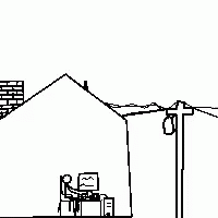 Black and White Drawing of House With Person at Computer
