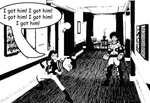 Black And White Drawing Of Man And Woman In Hallway With Speech Bubble Saying I Got Him GIF