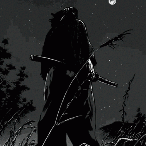 Black and White Drawing of Man Holding Sword in Field