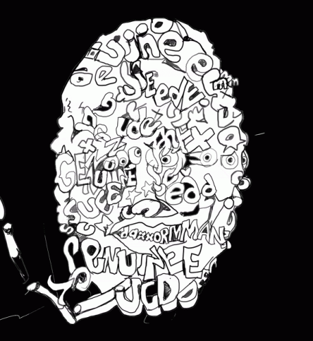 Black and White Drawing of Man's Face Made of Letters