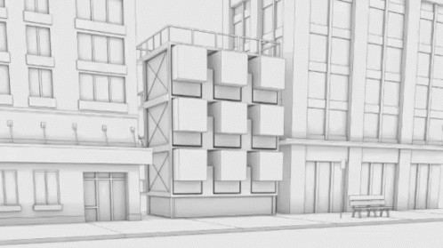 Black and White Drawing of Row of Houses and Building