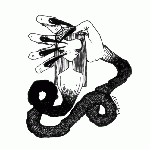 Black and White Drawing of Woman and Snake Leticia Ros