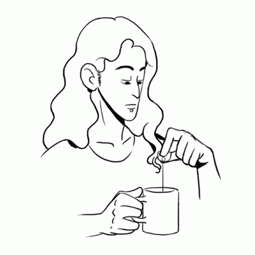 Black And White Drawing Of Woman Holding Coffee And Spoon GIF