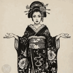 Black And White Drawing Of Woman In Kimono GIF