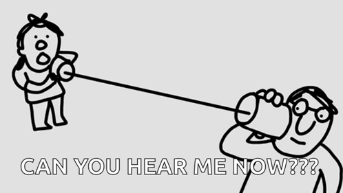 Black and White Drawing Two People Talking on String Can You Hear Me Now