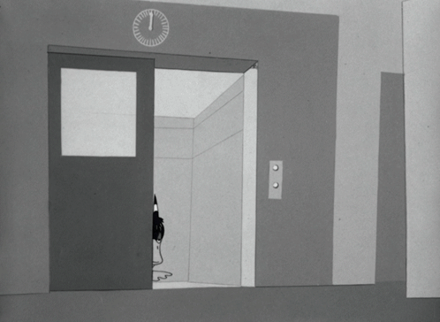 Black And White Duck Looking Out Elevator With Clock GIF