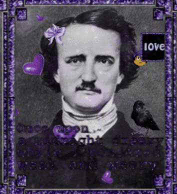 Black And White Edgar Allan Poe With Purple Hearts And Purple Frame GIF