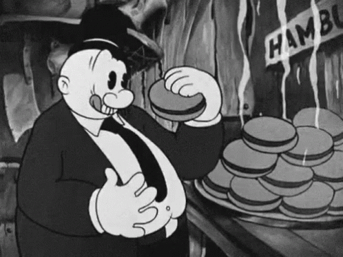 Black and White Fat Man Eating Hamburger