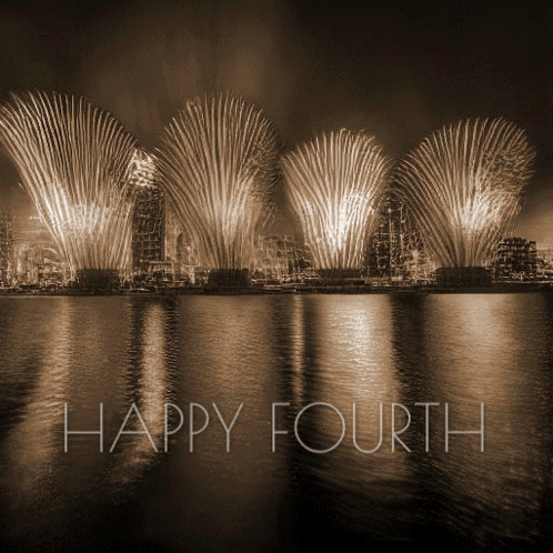 Black and White Fireworks Over Water Happy Fourth