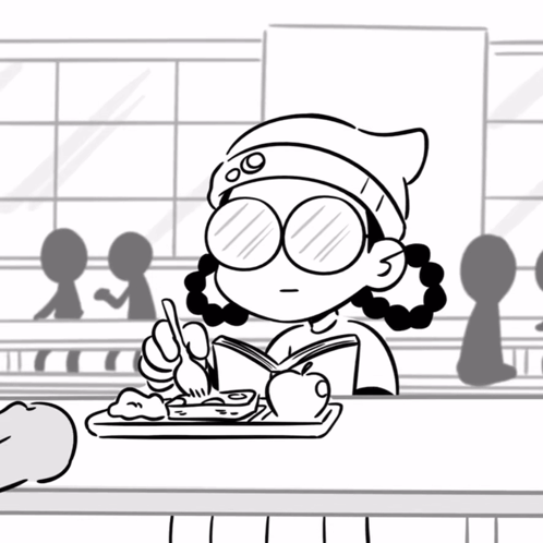 Black-and-White Girl Reading Book Eating Food