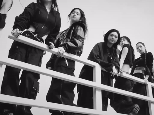 Black And White Group Of Women Standing On Fence GIF