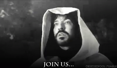 Black and White Hooded Man Saying Join Us