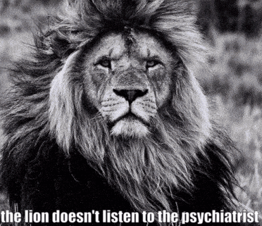 Black and White Lion The Lion Doesn't Listen to the Psychiatrist