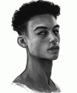 Black and White Man Curly Hair Looking Camera