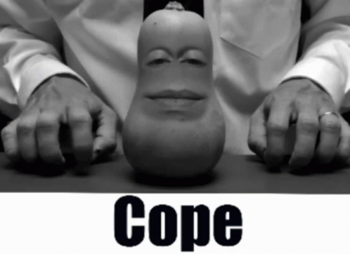 Black and White Man Holding Pear With Face Saying Cope