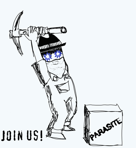 Black And White Man Holding Pickaxe And Parasite Box GIF