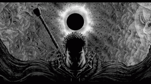 Black and White Man with Sword and Black Circle