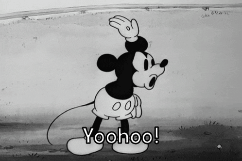 Black and White Mickey Mouse Saying Yoohoo