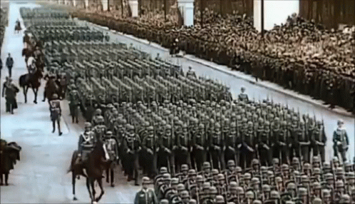 Black and White Military Parade with Soldiers on Horseback