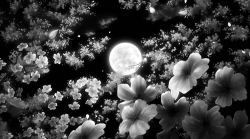 Black And White Moon And Flowers GIF