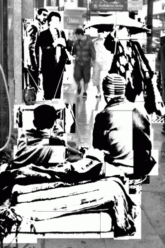 Black and White People on Sidewalk with Galicia Sign